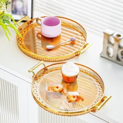 Luxury Elegant Gold Lining Striped Round Decorative Serving Tray with Handles