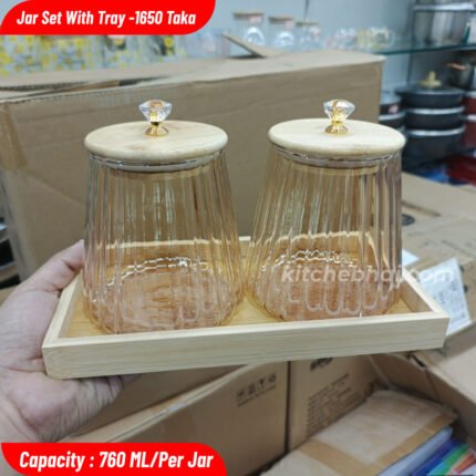 2 Pcs Air Tight Jar Set Wooden Lid With Tray
