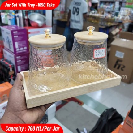 2 Pcs Air Tight Jar Set Wooden Lid With Tray