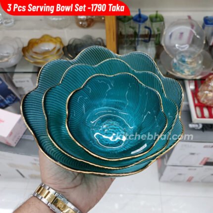 3 Pcs Golden Rim Curry Serving Bowl- Blue Lagoon