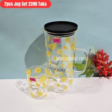 Borosilicate Glass Water/Juice Jug- 7 Pcs Set-Good Morning (Yellow)