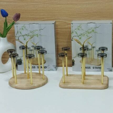 Golden Glass Stand/Glass Holder-Wooden Base